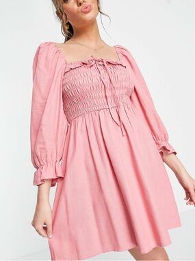New Look ASOS Pink Smocked Mini Dress Cottagecore Coquette Puff Sleeve